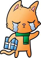 crying cartoon cat holding christmas present vector