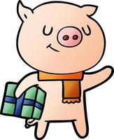 cerdo de dibujos animados feliz con regalo de navidad vector