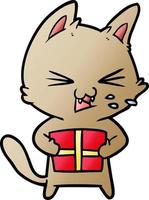 cartoon hissing cat with christmas present vector