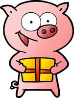 cheerful pig with christmas gift vector
