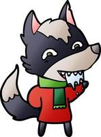 cartoon hungry wolf in winter clothes vector