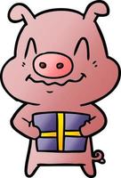 nervous cartoon pig with present vector