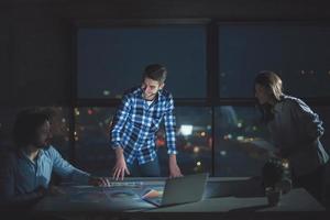 business people on construction site  in new startup office at night photo