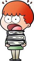 cartoon shocked boy with stack of books vector