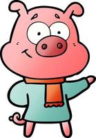 happy cartoon pig wearing warm clothes vector