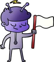 friendly cartoon spaceman with white flag vector