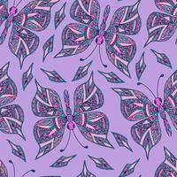 Seamless pattern with pink  butterfly in zentangle style on purple background. vector