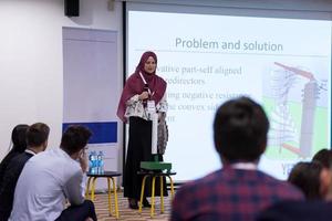 Muslim businesswoman giving presentations photo