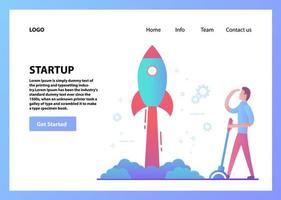 Landing page template.Concept web page design.Businessman launches rocket.Business new technologies.Flat vector. vector