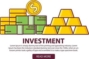 Investments business concept statistic gold and securities.Financial stock market profit. Income and profit in cash notes and coins and ingots of gold.Cartoon style. American dollars. vector