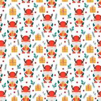 Christmas seamless pattern with Scandinavian gnomes and gifts. Cute dwarf deer. Use for print, fabric, paper, cover, poster, postcard, New Year's design, scrapbooking, sticker. vector