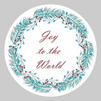 Stickers with different inscriptions Merry Christmas. Happy New Year 2023. Vector design of a round greeting card, stickers, emblems, tags with text and a fir wreath with berries