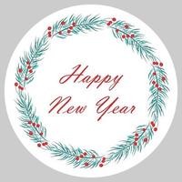 Stickers with different inscriptions Merry Christmas. Happy New Year 2023. Vector design of a round greeting card, stickers, emblems, tags with text and a fir wreath with berries