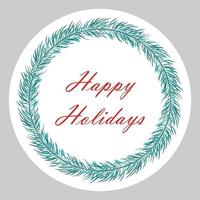 Stickers with different inscriptions Merry Christmas. Happy New Year 2023. Vector design of a round greeting card, stickers, emblems, tags with text and a fir wreath with berries