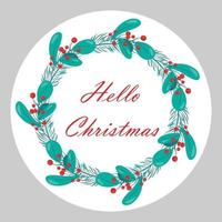 Stickers with different inscriptions Merry Christmas. Happy New Year 2023. Vector design of a round greeting card, stickers, emblems, tags with text and a fir wreath with berries