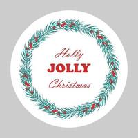 Stickers with different inscriptions Merry Christmas. Happy New Year 2023. Vector design of a round greeting card, stickers, emblems, tags with text and a fir wreath with berries