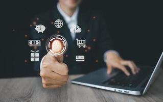 Fingerprint scan provides security access with biometrics identification. Business Technology Safety Internet Concept. processing of biometric for access personal data. photo