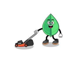 leaf illustration cartoon holding lawn mower vector