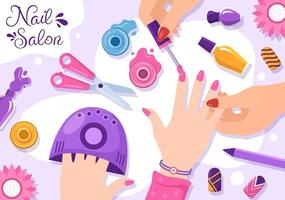 plantilla de salón de esmalte de uñas ilustración plana de dibujos animados dibujados a mano recepción de manicura o pedicura con herramientas y accesorios para un concepto de niña vector