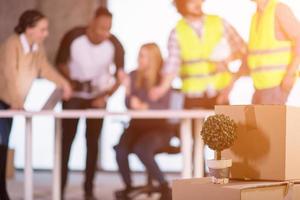 plant in flowerpot on cardboard box at new office photo