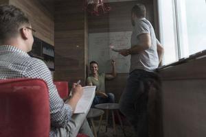 team meeting and brainstorming in small private office photo