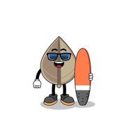 caricatura de mascota de hoja seca como surfista vector