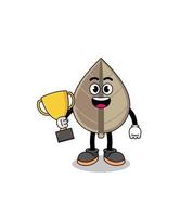 Cartoon mascot of dried leaf holding a trophy vector