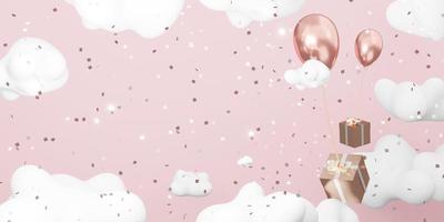 imagen de fondo de globos y cajas de regalo flotando en el cielo rosa en un día nublado tarjeta de año nuevo tarjeta de cumpleaños ilustración 3d foto