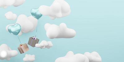 Background image of balloons and gift boxes floating in the blue sky on a cloudy day new year card birthday card 3d illustration photo