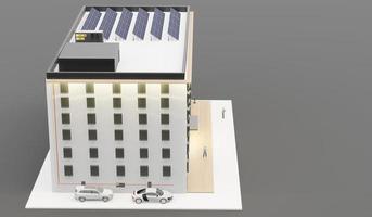 techo de la casa de apartamentos con paneles solares cargador de coche eléctrico en el edificio casa inteligente casa solar ilustración 3d foto