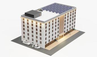 techo de la casa de apartamentos con paneles solares cargador de coche eléctrico en el edificio casa inteligente casa solar ilustración 3d foto