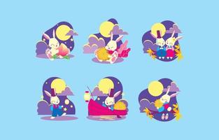 Happy Chuseok Stickers with Moon and The Bunny vector
