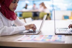 black muslim business woman ,working on laptop computer photo