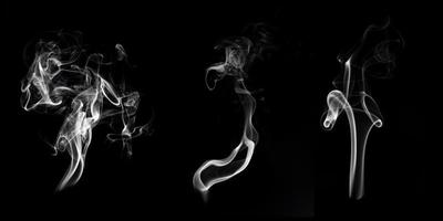 Multi style of white smoke pack shot in studio, white smoke from incense and black background, wave and splash shape for design, object and background concept photo