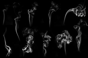 Set of white smoke or cloud shot in studio, white smoke from incense and black background, wave and splash shape for design, object and background concept photo