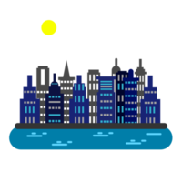city skylines with building sun cloud and river png