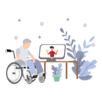 personas de videollamadas que se comunican a través del lenguaje de señas. con sillas de ruedas y monitor. para banner de publicación de plantilla social web o de medios png