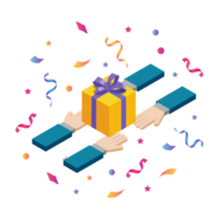 gift giving for their projects. element design isometric with hand confetti and gift box. for web or social media banner png