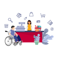 disablity using wheelchairs going shopping. with cart and cashier. element flat design for web or social media template post banner png