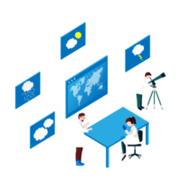 clima modificare isometrico sfondo design con scienziati ricercando e clima Infografica png