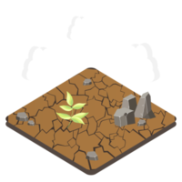 Climate Change isometric background with crack ground, leaf, stone and cloud png