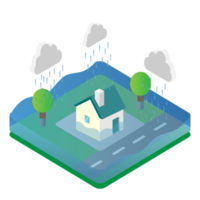 Climate Change isometric background with house in water, green grass, tree, and cloud rain png