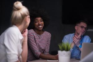 Multiethnic startup business team in night office photo