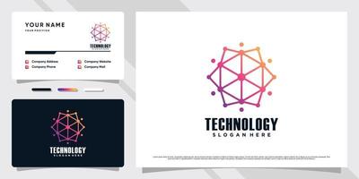 Network technology logo design illustration with hexagon element and business card template vector