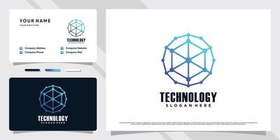 Network technology logo design illustration with hexagon element and business card template vector