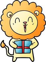 laughing lion cartoon with christmas present vector