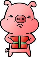 cerdo enojado de dibujos animados con regalo de navidad vector