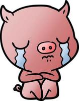 cartoon sitting pig crying vector