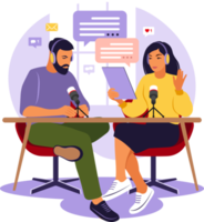 People recording podcast in studio flat vector illustration. Podcaster talking to microphone recording podcast in studio. Radio host with table. png