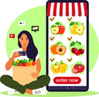 Online-Essensbestellung. Lebensmittellieferung. Frau kauft in einem Online-Shop ein. den Produktkatalog auf der Webbrowser-Seite. zu hause bleiben konzept. Quarantäne oder Selbstisolation. png